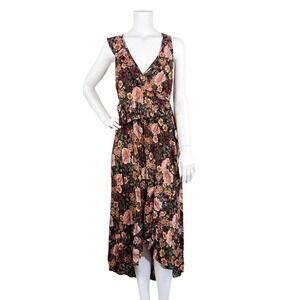 Romantic Dark Floral Wrap Midi Hi-Lo Dress Size Small Boho 70s Inspired Raga